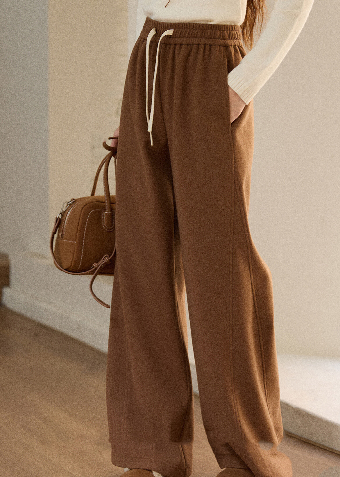Oatmeal Pockets Elastic Waist Woolen Wide Leg Pants Spring