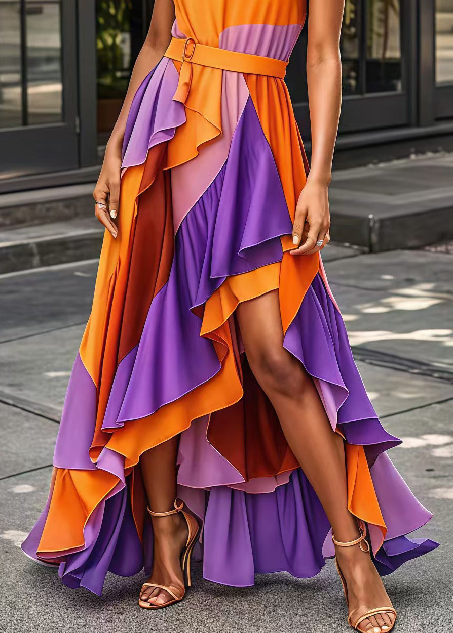 Orange Asymmetrical Patchwork Exra Large Hem Silk Long Dress Summer