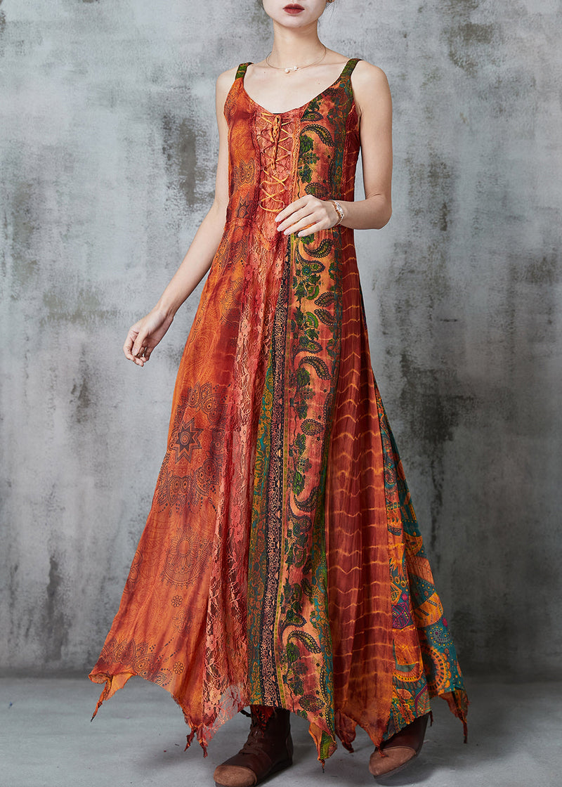 Orange Asymmetrical Print Cotton Holiday Dress Summer