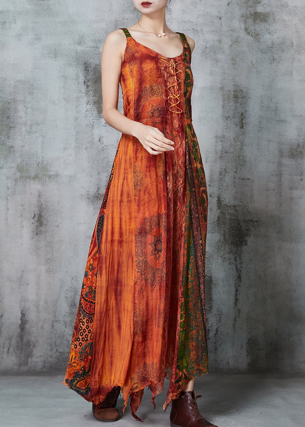 Orange Asymmetrical Print Cotton Holiday Dress Summer