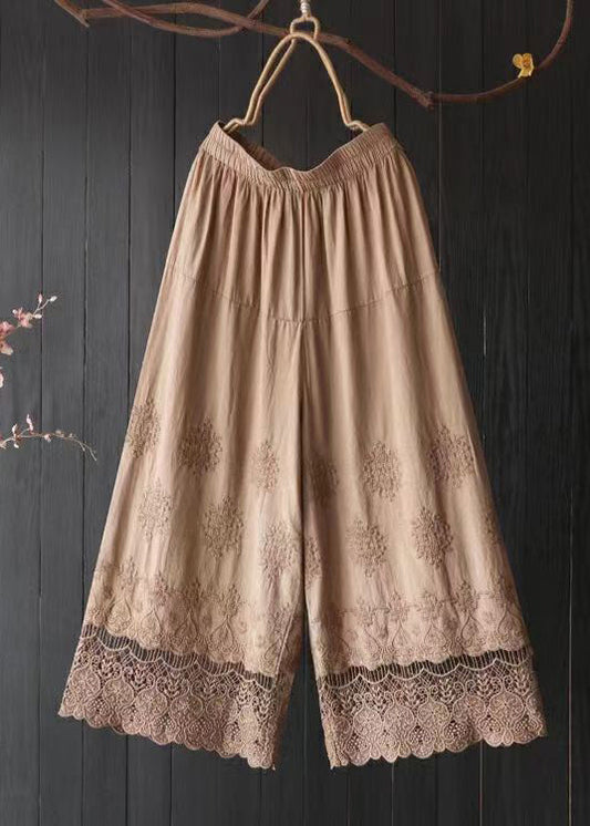 Orange Embroidered Lace Patchwork Cotton Crop Pants Summer
