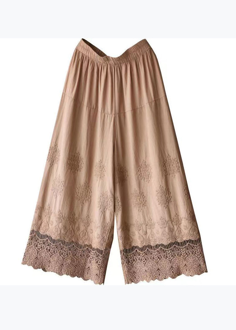 Orange Embroidered Lace Patchwork Cotton Crop Pants Summer