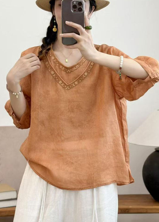 Orange Embroidered Oversized Linen Shirt Summer