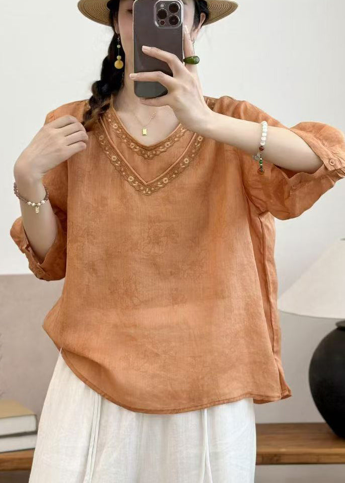 Orange Embroidered Oversized Linen Shirt Summer