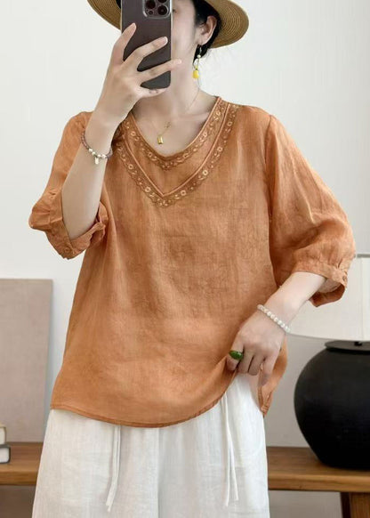 Orange Embroidered Oversized Linen Shirt Summer