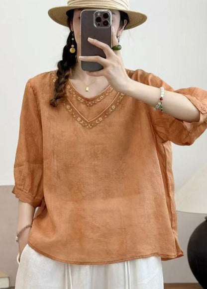 Orange Embroidered Oversized Linen Shirt Summer