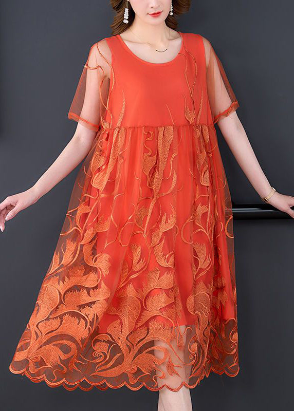 Orange Embroideried Patchwork Tulle Long Dress Summer