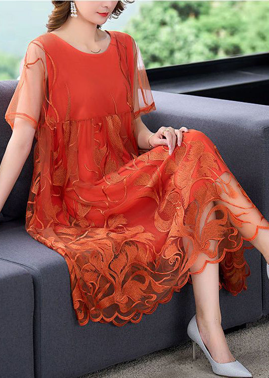 Orange Embroideried Patchwork Tulle Long Dress Summer