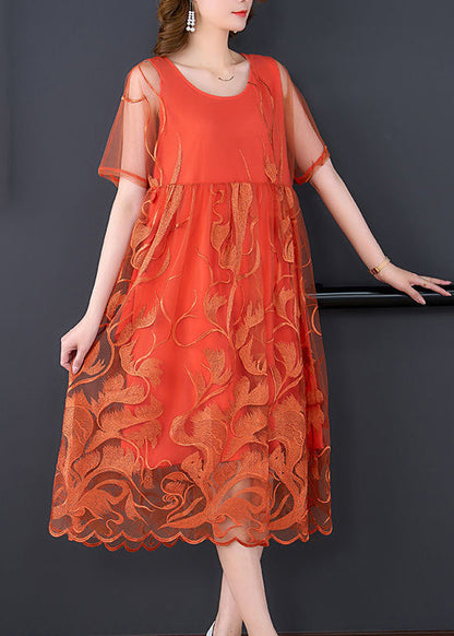 Orange Embroideried Patchwork Tulle Long Dress Summer