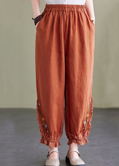 Orange Embroideried Pockets Linen Lantern Pants Summer