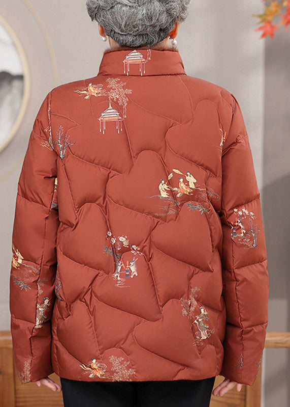 Orange Fur Collar Print Button Warm Fine Cotton Filled Coats Winter