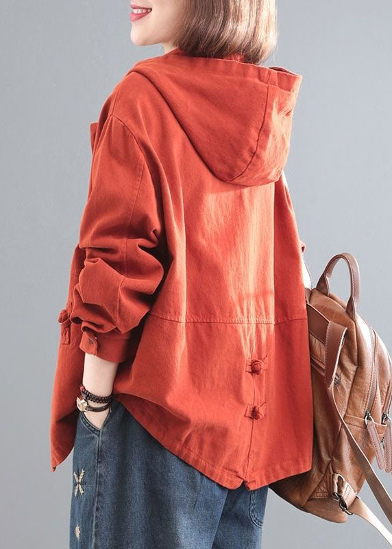 Orange Hooded Chinese Button Denim Coat Long Sleeve