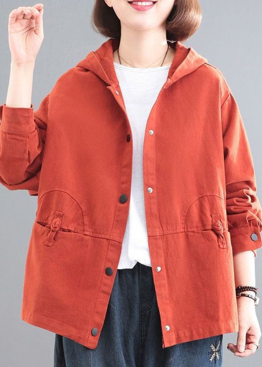 Orange Hooded Chinese Button Denim Coat Long Sleeve