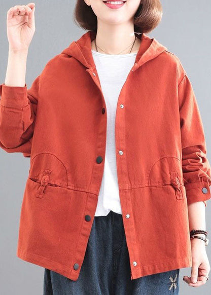 Orange Hooded Chinese Button Denim Coat Long Sleeve