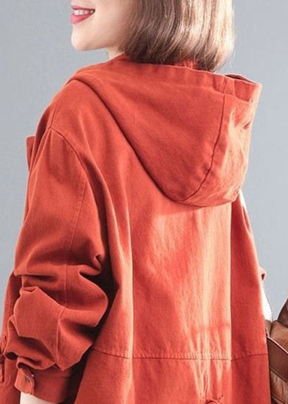 Orange Hooded Chinese Button Denim Coat Long Sleeve