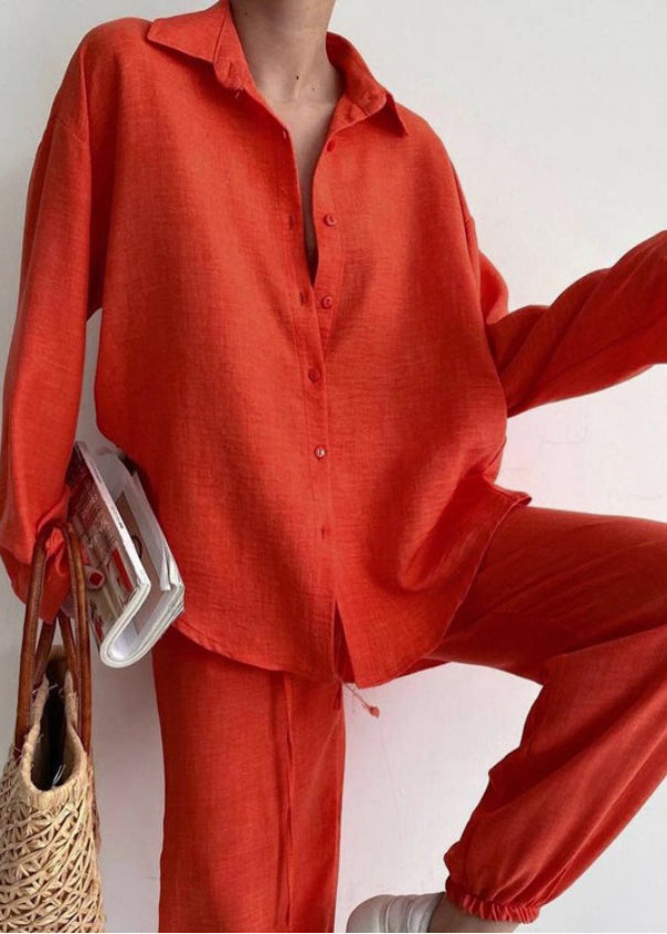 Orange Lapel Button Long Sleeve Shirt Trousers Set