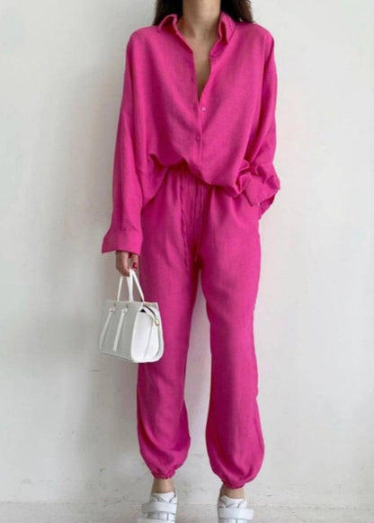 Orange Lapel Button Long Sleeve Shirt Trousers Set