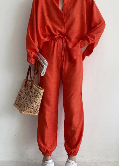 Orange Lapel Button Long Sleeve Shirt Trousers Set