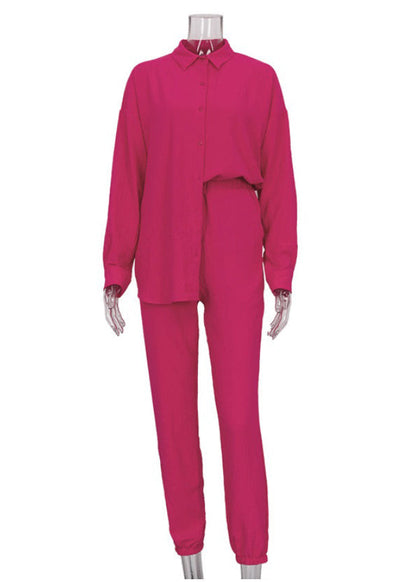 Orange Lapel Button Long Sleeve Shirt Trousers Set
