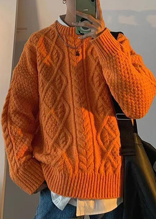 Orange O Neck Cable Knit Sweaters Winter