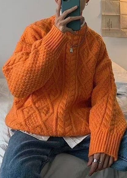 Orange O Neck Cable Knit Sweaters Winter