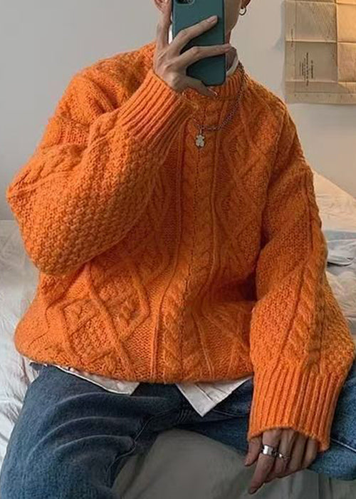 Orange O Neck Cable Knit Sweaters Winter