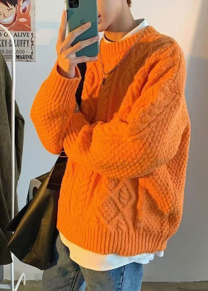 Orange O Neck Cable Knit Sweaters Winter