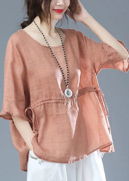 Orange O Neck Drawstring Patchwork Cotton T Shirt Half Sleeve