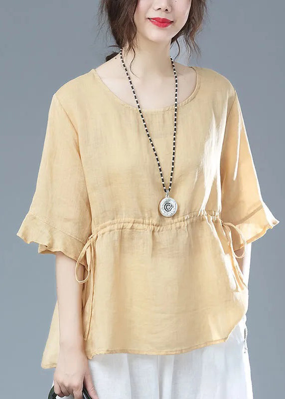 Orange O Neck Drawstring Patchwork Cotton T Shirt Half Sleeve
