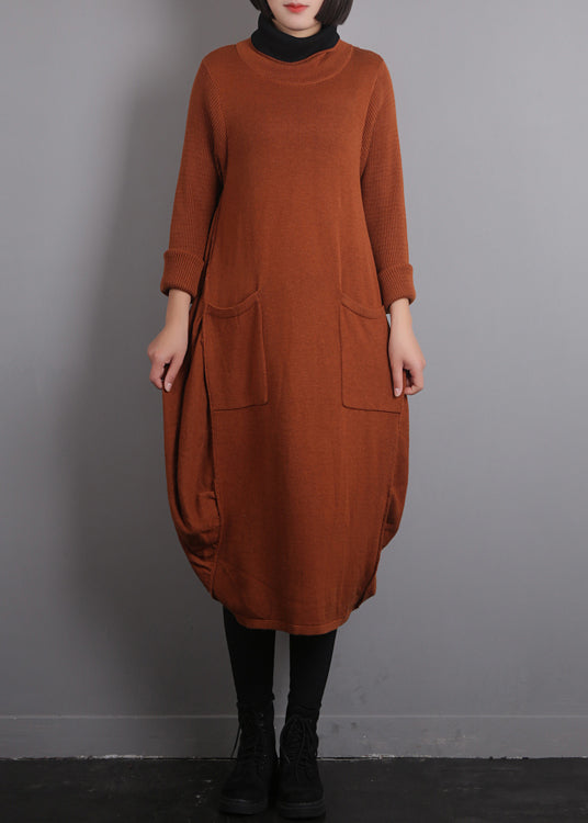 Orange O-neck Knit Cotton Thread Sweater Dress Fall