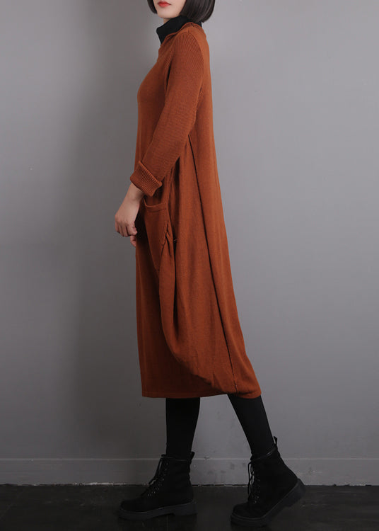 Orange O-neck Knit Cotton Thread Sweater Dress Fall