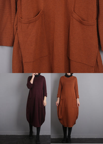 Orange O-neck Knit Cotton Thread Sweater Dress Fall
