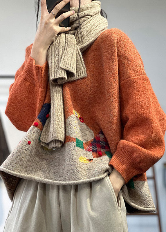Orange O-neck Oversized Cartoon Print Knitted Tops Winter