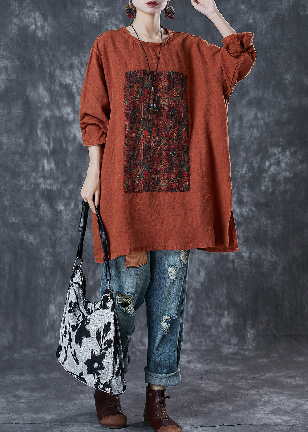 Casual Orange Oversized Print Linen Sweatshirt Fall