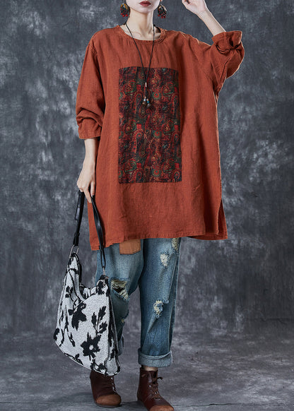 Casual Orange Oversized Print Linen Sweatshirt Fall