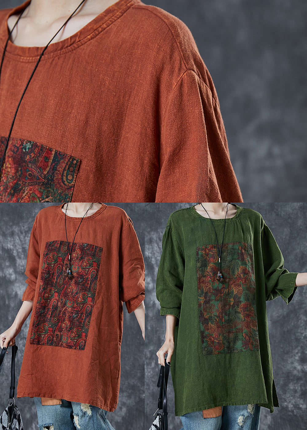 Casual Orange Oversized Print Linen Sweatshirt Fall