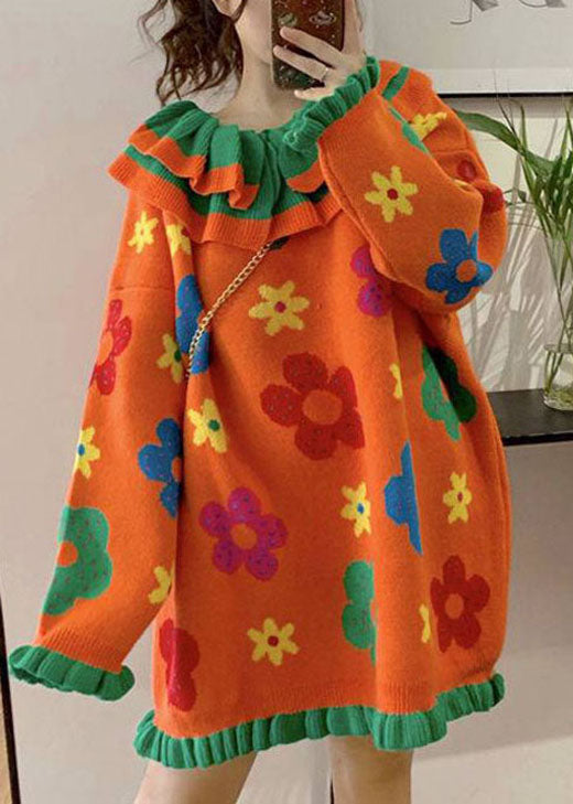 Orange Peter Pan Collar Knit Sweaters Winter