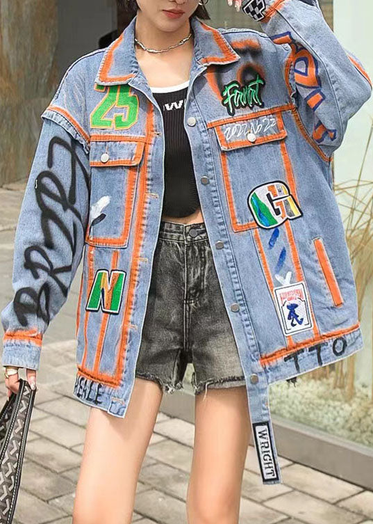 Orange Peter Pan Collar Pockets Graphic Patchwork Denim Coat Spring