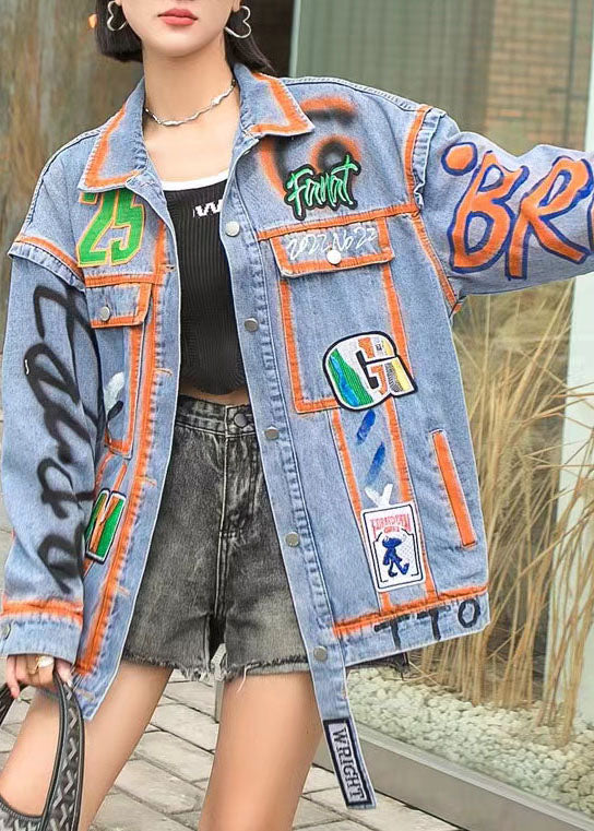 Orange Peter Pan Collar Pockets Graphic Patchwork Denim Coat Spring