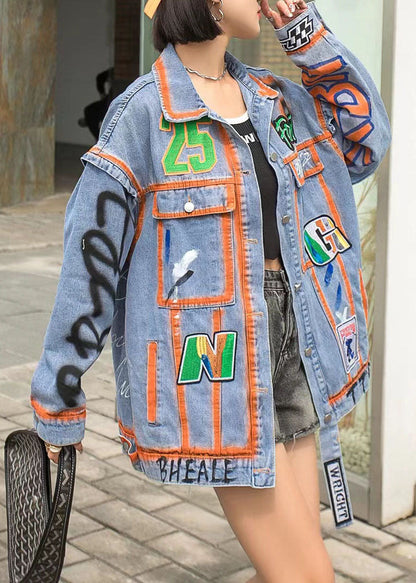Orange Peter Pan Collar Pockets Graphic Patchwork Denim Coat Spring