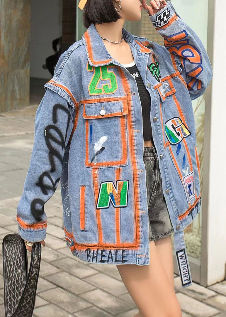 Orange Peter Pan Collar Pockets Graphic Patchwork Denim Coat Spring