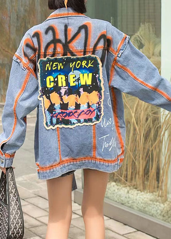 Orange Peter Pan Collar Pockets Graphic Patchwork Denim Coat Spring