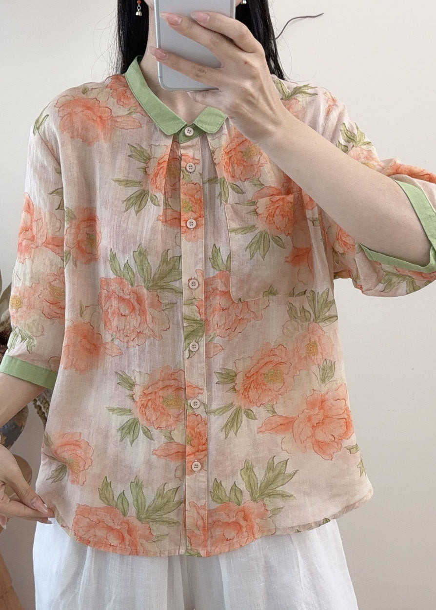 Orange Peter Pan Collar Print Linen Tops Summer