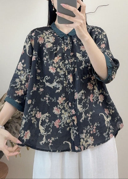 Orange Peter Pan Collar Print Linen Tops Summer