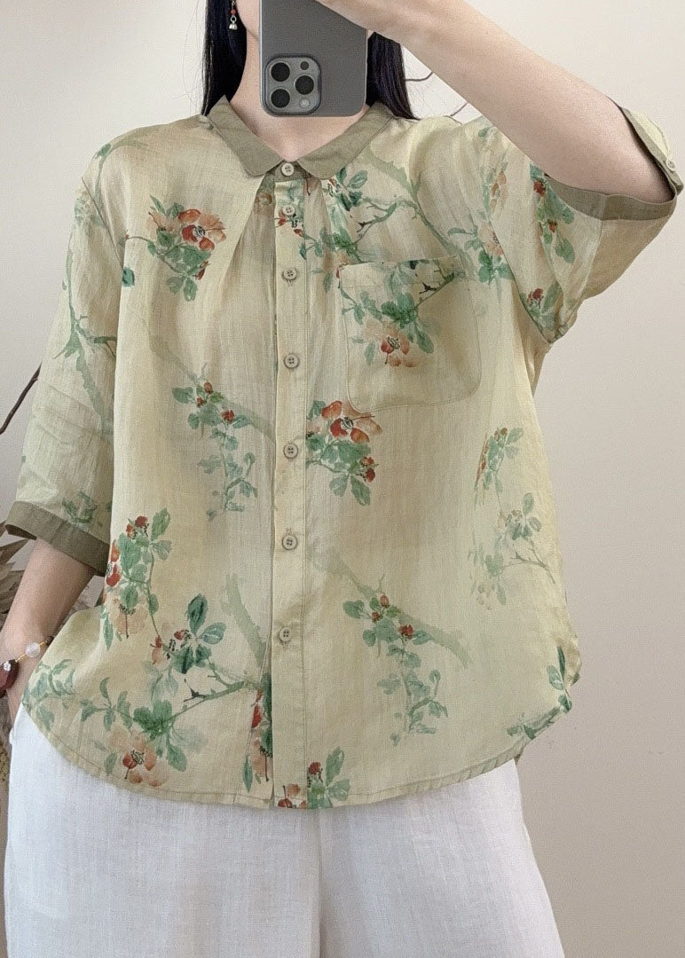Orange Peter Pan Collar Print Linen Tops Summer