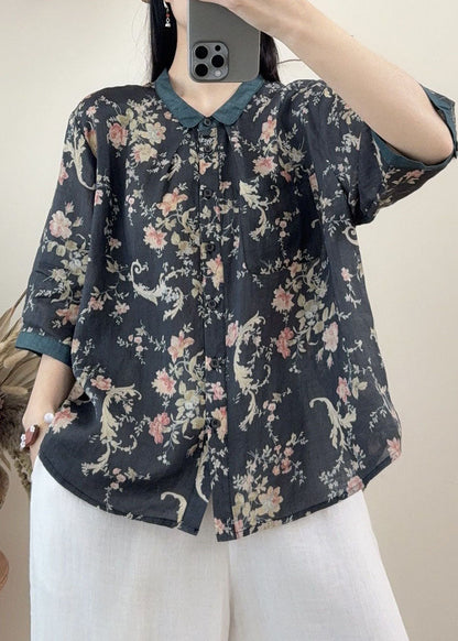 Orange Peter Pan Collar Print Linen Tops Summer