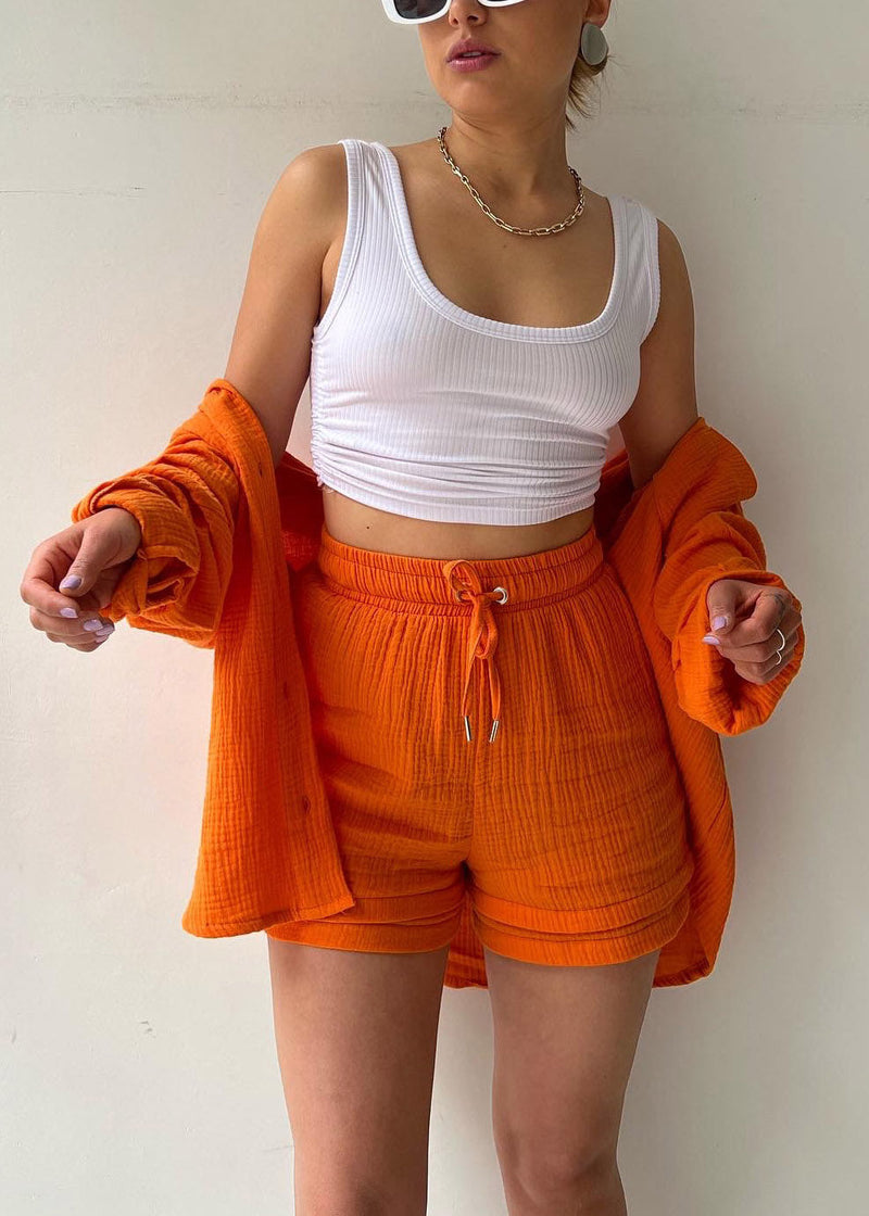 Orange Peter Pan Collar Shirts Vests and Shorts Three Pieces Set Long Sleeve