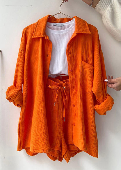 Orange Peter Pan Collar Shirts Vests and Shorts Three Pieces Set Long Sleeve