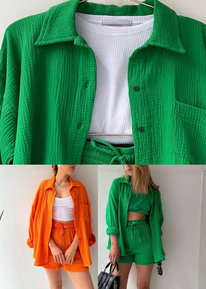 Orange Peter Pan Collar Shirts Vests and Shorts Three Pieces Set Long Sleeve