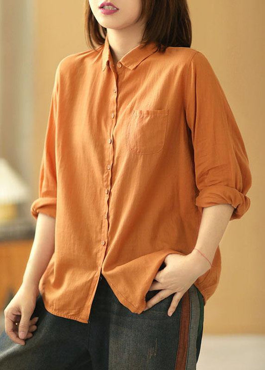 Casual Orange PeterPan Collar Button Pockets Fall Long Sleeve Blouse Top